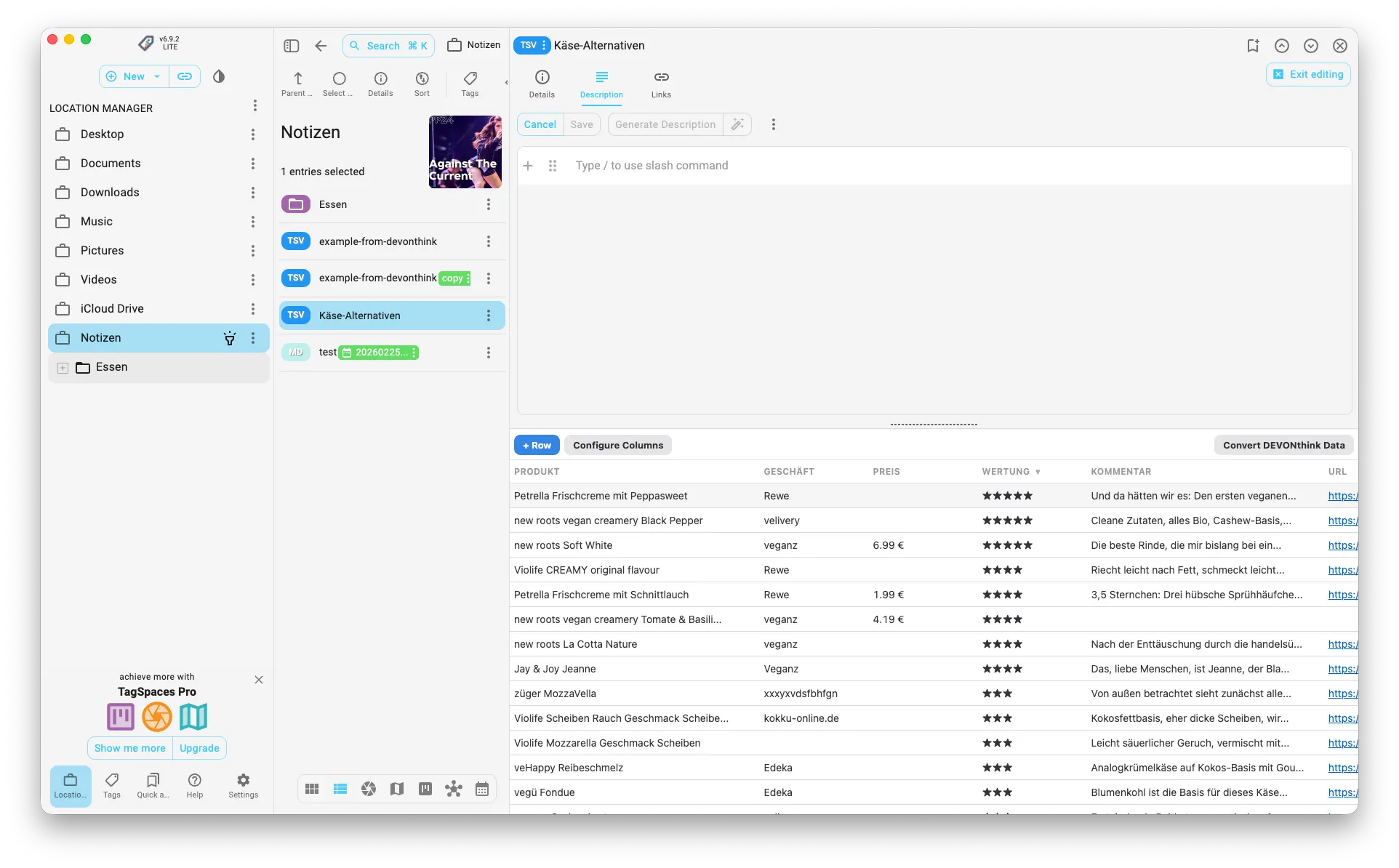 Tabellenansicht in TagSpaces