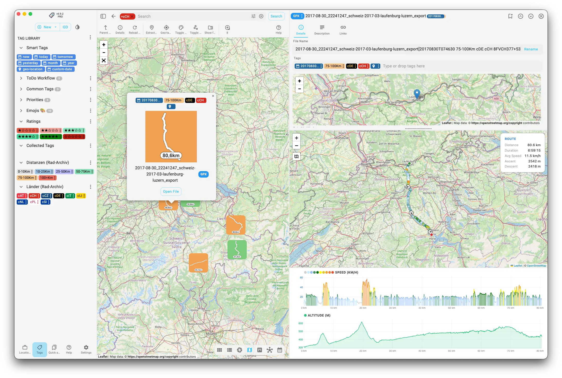 Kartenansicht mit auf ihr platzierten Icons für die Routen-Startpunkte