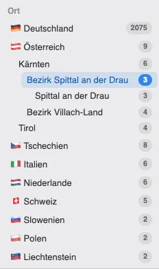Aufgeklappter Ortsfilter für Österreich