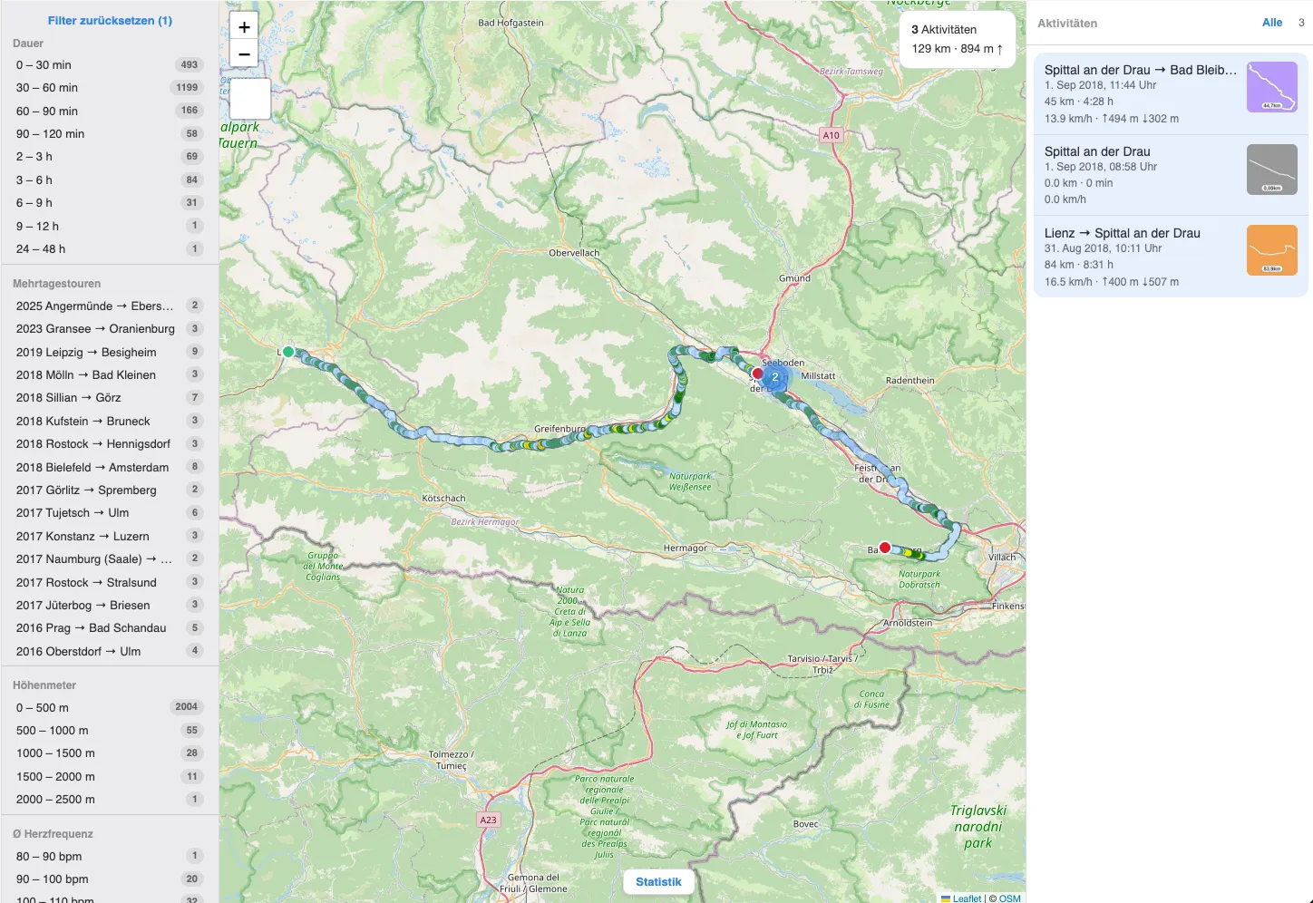 Karte mit mehreren Strecken
