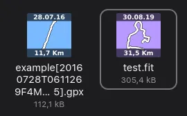 Thumbnails mit Datum, Distanz und Routenansicht
